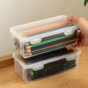 플라스틱 필통 사각 문구 수납함 정리함 다용도 케이스 대용량 투명 색연필 보관