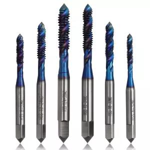 미씨 6피스 나선형 플루트 탭 세트 SAE 사이즈 나노 블루 코팅 HSS 기계 나사 632NC 832NC 1024NC 1032NC