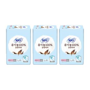 쏘피 유기농100%순면커버 날개형 슬림, 중형, 32매, 3개