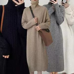 [오노마] ONM 여성 하이넥 꽈배기 니트 H라인 루즈핏 롱원피스 골지 (S12077838)