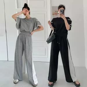 [유야]여성 면 무지 날개배색 반팔티 와이드팬츠 세트 -FPST0397- 여름