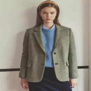 헤지스 여성 24FW [가격인하][울100%] 라이트카키 해리스트위드 베이직 싱글 자켓 HSJA4D902K2