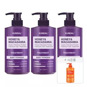 쿤달 네이처 트리트먼트, 베이비파우더, 500ml, 3개 + 증정(바디워시, 체리블라썸, 500ml, 1개)