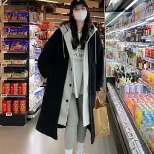 오버핏 블랙 양털 레이어드 후드 롱코트 겨울 아우터