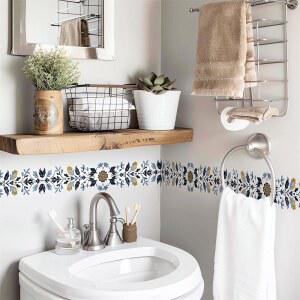 블루 플로럴 몰딩 벽 테두리 스티커, 사시노라 스키팅 허리 라인 데칼 탈착식 비닐 필 앤 스틱 욕실 침실 주방 거실 문 트리밍 거울 프레임 프릴 홈 장식