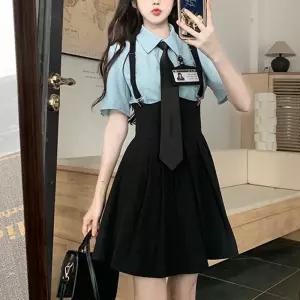 스카이블루 여자 반팔 서스펜더 세라복 교복세트