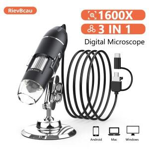 RIEVBCAU 1600X 디지털 현미경 3in1  C USB 전문 8 LED 내시경 줌 카메라 돋보기
