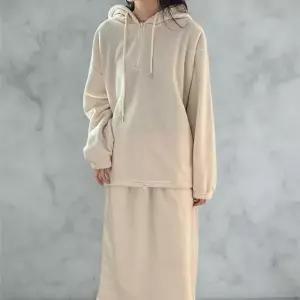 여성용 후리스 후드티와 스트링 반집업 롱스커트 세트