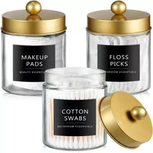 시충 큐팁 디스펜서 홀더 3개 스테인리스 뚜껑 스티커가 있는 유리 약병 면봉/볼용 카운터탑 캐니스터