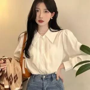 어깨 셔링 빅카라 블라우스 URD368 빅카라 긴팔 블라우스 봄 남방 숙 신상 여성 겨울 장식 라운드넥 프릴