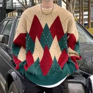 아가일 패턴 니트 티셔츠 라운드넥 가을겨울 데일리 루즈핏 남자 니트