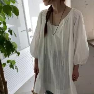 퍼프 여름 레이어드 여자 루즈핏 블라우스 원피 얇은 (WFKBXBG)