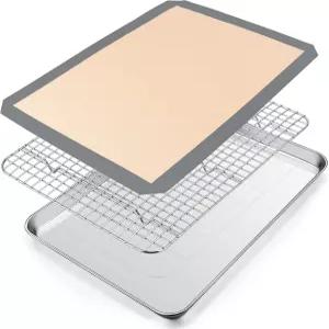 PP CHEF 16 x 12 1 인치 토스터 오븐 팬그리드 랙 및 실리콘 매트 포함 스테인리스 스틸 트레이 베이킹