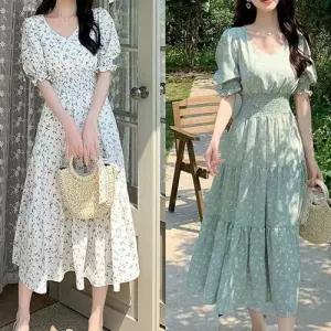 플라워 원피스 쉬폰 퍼프소매 A라인 캉캉 스모크밴딩 WEC46D7