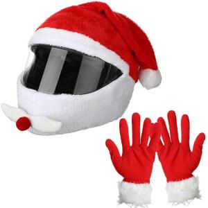 큐티크롭 2개 크리스마스 산타 오토바이 헬멧 커버 및 산타클로스 빨간 장갑 세트 남성용 성탄절 모자 장식 액세서리
