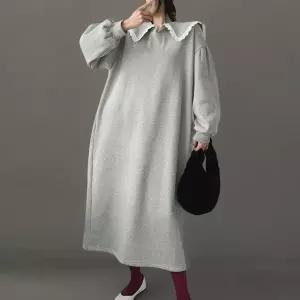 [하프클럽/]여성 레이스 세일러 카라 퍼프 소매 기모 롱 드레스