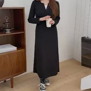 [빅사이즈]이블렛 퓨민드 골지 배색 버튼 롱 원피스 제이스타일