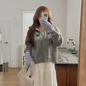 [빅사이즈]이블렛 본트아 리본 투웨이 니트 후드 집업 제이스타일