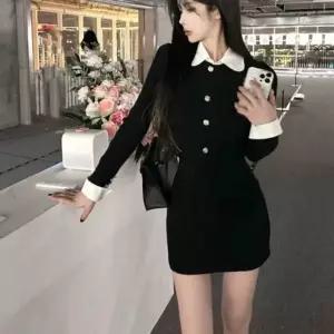 블랙미니원피스 페이크레이어드 금장버튼 카라 봄가을원피스 (WFK7HMG)