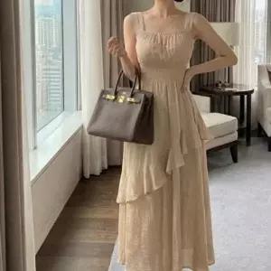 [옷자락]여성 셔링 스퀘어넥 민소매 롱 드레스