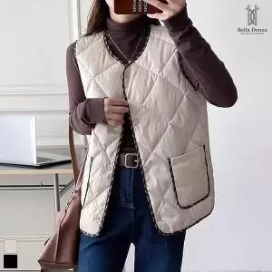 [하프클럽/이삐다]벨라도나 여성 겨울 다이아퀄팅 노카라 단추 패딩조끼 이너 경량조끼 Bon