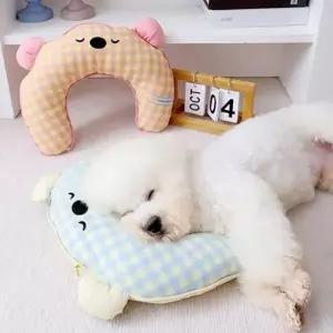 강아지 고양이 베개 체크 목 쿠션 애견용품 세탁가능