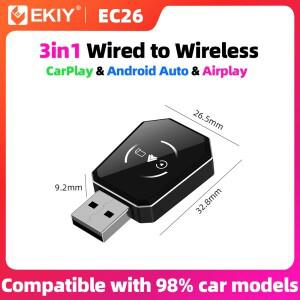EKIY 3in1 유선 카플레이 무선 어댑터 안드로이드 오토 동글 에어플레이 AI 스마트 호환 박스 차량 스마트