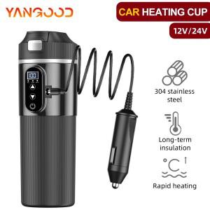 양굿 12V/24V 전기 가열 차량용 주전자 컵 500ml 스테인리스 스틸 워터 커피 우유 보온 머그 캠핑 여행용