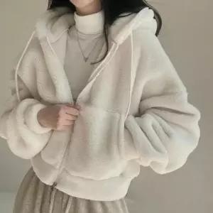 여성 양털 점퍼 뽀글이 세미 후드 겨울 크롭 퍼 방한 집업