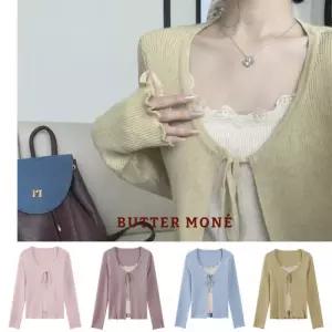 브이넥 골지니트 슬림핏 데이트룩 웨이브 레이어드 여성가디건 캐미솔일체형 봄 리본