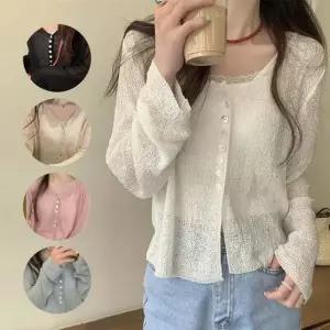 윗단추여리핏니트가디건 여름 브이넥 시스루 루즈핏 가디건