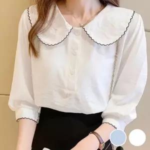 러블리 블라우스 URD501 비치 루즈 S 상의 7부 풍기 카라 숙 블라우스 사이즈 숙 물결