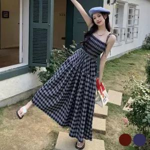 여성 체크 패턴 튜브탑 느낌 A라인 민소매 롱 원피스 여성원피스