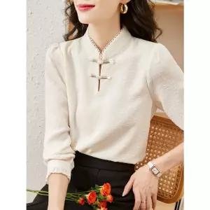 마킷4 여성 블라우스 쉬폰 기모 도톰 겨울 스탠드 칼라 커프스 셔츠 긴팔 시크 JEN4