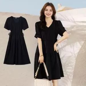 브이넥원피스 반팔원피스 하객룩 데일리 올블랙원 WFLQATK