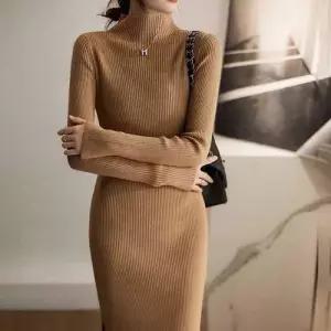 골지 니트 목폴라 슬림 일자핏 롱 드레스 여성 원피스 WFLQNNI