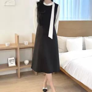 리본 배색소매 핀턱 플레어 롱원피스