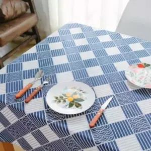 린넨 블루 물결 체크 격자 식탁보 방수테이블커버 책상매트