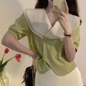 [하프클럽/]쉬폰 이중 빅카라 레이스 여성 반크롭 반팔 블라우스