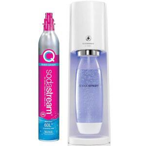 탄산음료 스트림 E-테라 탄산수 제조기(흰색)와 CO2 및 탄산음료 병 포함