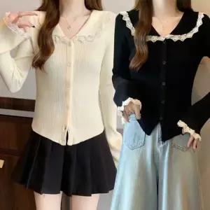 [하프클럽/]여자 스웨터 봄가을 슬림핏 레이스카라 가디건