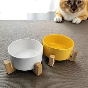 나무받침 반려동물 도자기 식기 강아지 고양이 밥그릇 16cm 애견 2구