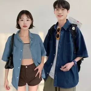 남자 여름 오버핏 데님 반팔 셔츠 청남방 캐주얼셔츠 청셔츠