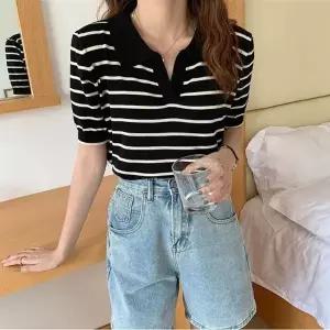 니트 반팔 티셔츠 단정한 카라 여자 여름 스트라이프