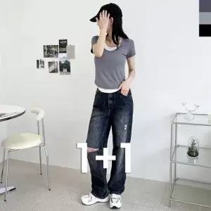 블레오 여자 배색 레이어드 반팔 티셔츠 (1+1) DM2512161600