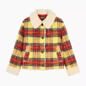 베네통 부클 카라 체크 코트_BACT55561YE