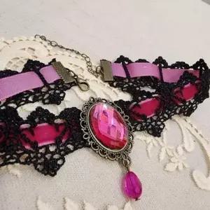 레이스 보석 목걸이 북유럽 핑크 초커 벨벳 메탈 중세 WD2B40D