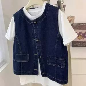 데님베스트 캐주얼 버튼업 데님 베스트 넉넉핏 청조끼 라운드넥
