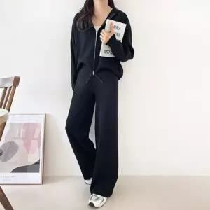 [문에이블]문에이블 여자 여성 봄 가을 간절기 루즈핏 하이넥 투웨이 집업 니트 가디건 밴딩팬츠 투피스 세