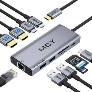 MCY USB C 허브, 노트북 도킹 스테이션 듀얼 모니터 싱글 8K, 2x4K@60Hz, 10인치 1형 멀티포트 어댑터, HDMI, PD100W, 익스텐더 스플리터, 카드 리더, Mac /Dell / Surface Steam Deck용 이더넷 도크
